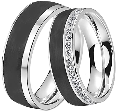 DOOSTI Paar Ring Set Damen Herren Partnerringe Edelstahl Carbon Schwarz als Freundschaftsring Partnerring Hochzeitsring Herrenring Damenring inkl. Gravur mit Namen (Ring ohne Zirkonia, 56)