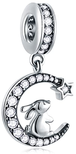Lapin sur la nouvelle lune Charms, Fit pandora pascal bracelet animal collier, perles pendentif lapin en argent sterling 925 avec cz étincelant, cadeau d'anniversaire pour femme
