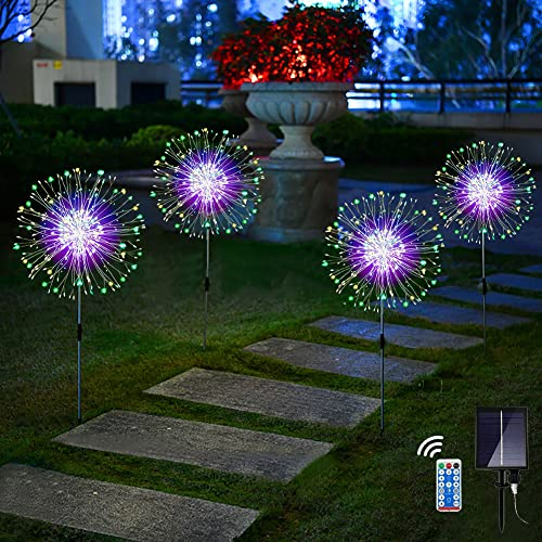 Redefun Solarstecker Gartenleuchten 4 x 120 LED Gartendeko Solarlicht, 8 Modi Garten Pusteblume Solarlampen Wasserdicht Solarleuchte Feuerwerk mit Fernsteuerung,Timer für Außen Deko(Mehrfarbig)