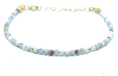 Damenarmband Larimar Naturstein 2 mm dick 925er Sterlingsilber plattiert in 24 Karat Gelbgold verstellbar von 16 cm bis 19 cm