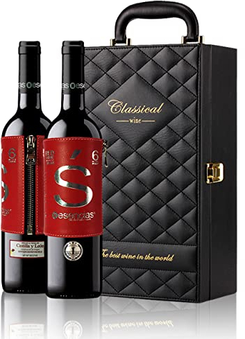 Estuche-Maletín de LUJO con 2 Exclusivos Vinos. Elegante Regalo de Vino Tinto Premium «S» EDICIÓN LIMITADA Etiqueta de Cuero y Set de 4 Accesorios