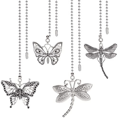 BENECREAT 4 Style Silver Butterfly Dragonfly Ceiling Fan Pull Chain Set, Alloy Ceiling Fan Pull Chain Extenders with Stainless Steel Ball Chain Connector for Ceiling Light Lamp Fan