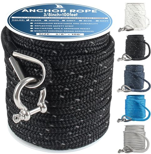 Premium Anchor Rope 100 ft x 3/8 inch, Double Braided Nylon Anchor Line Boat Rope Marine Rope,Boat Anchor Rope with Thimble & Shackle & Reflective Strip - Braided Anchor Rope Black