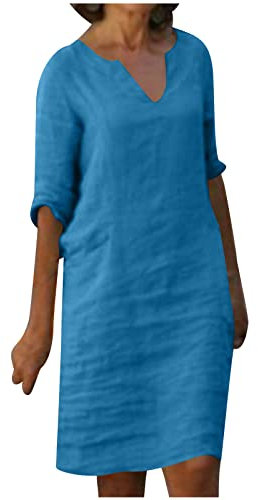Sommerkleid Damen Leinen Kleider Kurzarm Kleid V-Ausschnitt Freizeitkleid Große größen Sommerkleider Casual A-Linie Strandkleid Knielanges Einfarbig Midikleid Strand Strandkleider
