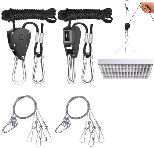 1/8 Zoll 2M Seil-Ratsche mit Haken, 2 Paare einstellbare Hochleistungs-Ratsche Seilaufhänger mit Edelstahl Lanyards für hängende Zelt wachsen Pflanze Lampe (78 lbs Gewicht Kapazität)