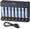 POWXS Akku Ladegerät mit AAA Akku 1100mAh 8 Stück, 8-Ladeplatz Universal Batterie Ladegerät mit LED Anzeige für NI-MH NI-CD Lithium Batterien,8 Wiederaufladbare Akkus AAA USB & Typ-C Eingang
