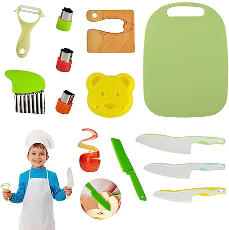Coriver 12 Pieces Plastic Toddler Knife for Chopping, Wooden Kitchen Safe Knife Set for Kids, Reusable Plastic Kids Safety Knives Set with Potato Slicer, Cutting Board, Peeler