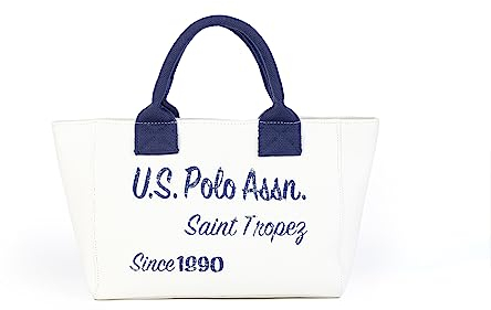 U.S. POLO ASSN. - Shopper Tasche Beach Bag Shopping aus Baumwolle, weiß-dunkelblau (30 X 15 X 21 cm)