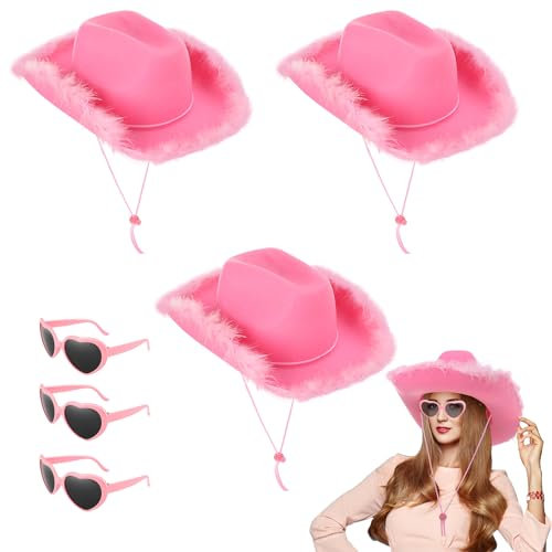 Fuyamp Lot de 3 chapeaux de cowboy 3 lunettes de soleil en forme de cœur adulte - Ensemble d'accessoires de déguisement femme - Chapeau de cowgirl à bord en plumes duveteuses Rose Taille Unique