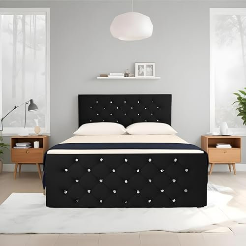 Divan Beds Deals – Black Crushed Velvet Divan with Chesterfield 20” Headboard & 20” Footboard | Bed Frame with 10’’ Spring Memory Foam Mattress & 2 Storage Drawers (5FT King Size Bed)