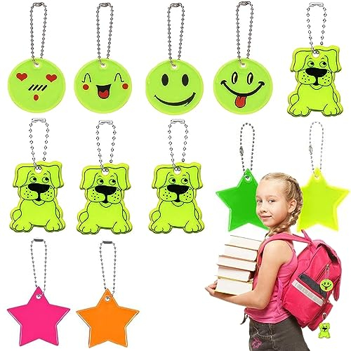 Ffobcca 12 Stücke Reflektor Kinder, Reflektor Anhänger Kinder, Reflektoren Anhänger, Reflektoren Kinder Schulranzen, Anhänger Schulranzen, für Schultasche Kleidung Rucksack Radfahren Gehen Laufen