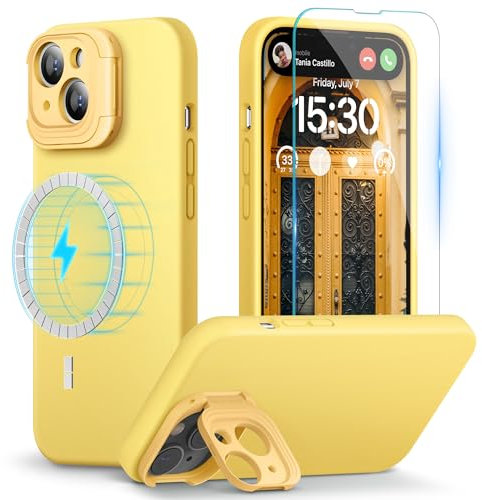 pcgaga Designed for iPhone 15 Case and Screen Protector, Silicone Phone Cover with MagSafe, Invisible Stand, Shockproof Full Body Protection with Microfiber Lining, 6.1, Yellow