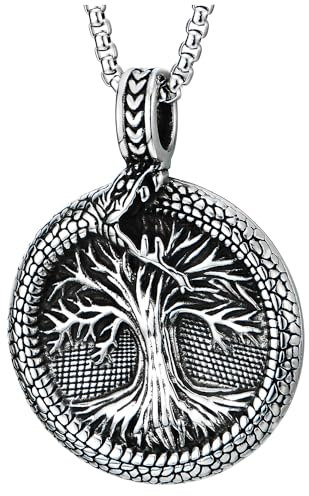 Serpiente Círculo árbol de la Vida Colgante Collar, Parte Trasera Vikingo Nórdica Runas Futhark, Acero Inoxidable