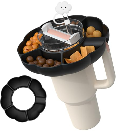Charlux Snack Tray for Stanley Cup 30 oz with Handle Silicone Bowl Compatible Tumbler Ring Holder Top Straw Cover Reusable (Black),(FS-ST-BE)
