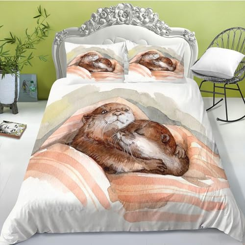 FABTOP Otter Bettwäsche 135x200 Süßes Otter Bettbezug Für Kinder Weiche Mikrofaser Seeotter Bettwäsche Set 3D Drucken 3-teilig Tierdruck Winter/Sommer/Herbst/Frühling