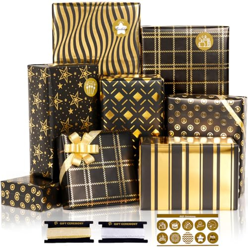 Geschenkpapier Geburtstag, 6 Stück Schwarz Gold Geschenkpapier für Kinder und Erwachsene, Geschenkverpackung Papier Schwarz Gold Set für Geburtstage Valentinstag Hochzeit Baby Shower, 50X70CM