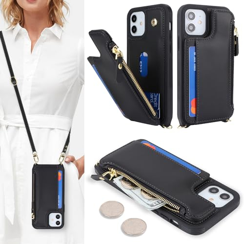 SailorTech Custodia per iPhone 12 in Pelle Portafoglio con porta carte di credito, Cover per iPhone 12 Pro Cellulare Regolabile Collana con slot per carte di credito - Nero