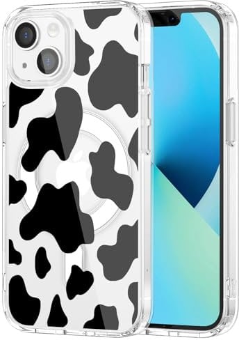Idocolors for iPhone 13 Case Compatible with MagSafe, Magnetic Cute Clear Cow Print Pattern Design Phone Cover for Girls Women Soft TPU Hard Back Shockproof Protective Case for iPhone 13