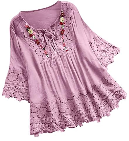 Tunique Voile Plage Blouse Manches 3/4 Vêtements Grande Taille Femme Chic et Elegant Tee Shirt Coton Violet 5XL