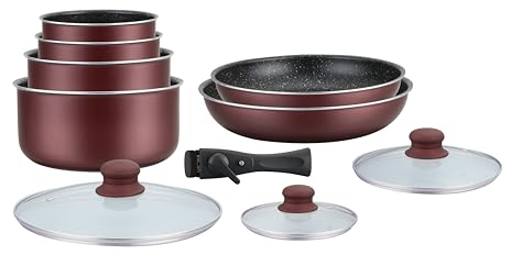 HAGEN, Batterie de cuisine revêtement pierre, Manche amovible, 10 pieces, Bordeaux, Revêtement anti-adhésif, Tous les types de feux, y compris l'induction, HA04647