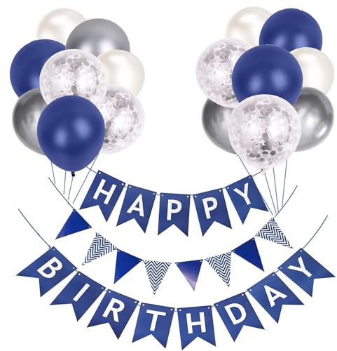 Luftballons Geburtstag Dekoration Set, Marineblau Silber Geburtstagsdeko Happy Birthday deko Banner Party Deko Geburtstag Set mit Luftballons Dreiecksflaggen Girlanden(Marineblau+PT)