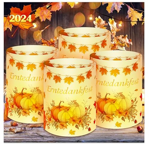 Windlicht Tischdeko Herbst, 12 Stück Windlichter Tischdeko, Teelichter Lichthülle mit Ahornblatt Kürbis PVC Laterne Tischdekorationen für Herbst Stoßernte Thanksgiving, für Teelichter und Kerzen
