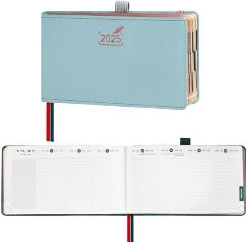 BEZEND Taschenkalender 2025 Klein Querformat 9 x 16,5 cm - Kalender 2025 Buchkalender Vertikal 1 Woche 2 Seiten - Terminplaner 2025 Wochenplaner mit Rose Gold Papierkante - Aquamarin