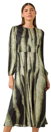 Roman Originals Geometric Print Midi Dress for Women UK - Ladies Everyday Autumn Winter Round Neckline Comfy Soft Evening Vacation Work Party Night Out - Khaki - Size 12