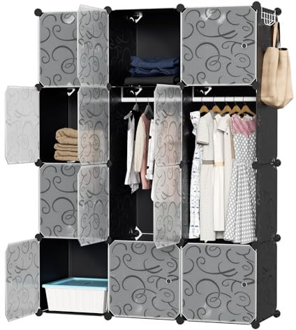 Herrselsam DIY Kleiderschrank Regalsystem 12 Würfel Garderobe Kleiderschrank Offen Kunststoff Garderobe mit Türen Garderobenschrank mit Kleiderbügel & Kleiderhaken(Schwarz 140x105x35CM)