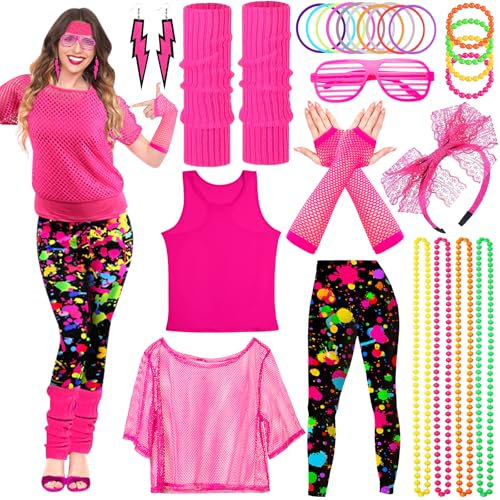 Vautvis Déguisement Année 80 Femme, 26 Pièces Deguisement Disco Fluo Accessoire Femme, Vetement Fluo, Costume Années 80 90, T-Shirt, Jambières, Gants en Résille, Disco Costume Vetement Fête Néon (M)