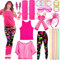 Vautvis 80er Jahre Outfit Damen, 80er Retro Party Outfit Damen, 80er 90er Outfit Damen, Disco Festival Outfit Damen, 80er Jahre Kleidung Mit Netzshirt Damen, Leggings, Stirnband, Ohrringe (M)