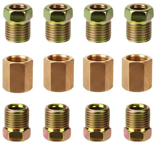 Lot de 12 raccords à pression de conduite de frein 1/4 - 24 fils en laiton pour tuyau de frein de 1/4 (4 unions, 8 écrous)