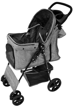 Pet Stroller Pushchair & Caddy Bag Organiser Detachable Blue Tartan Foldable Carrier 15kg Capacity Wheels Brakes Dog Hook Leash Canopy Mesh Windows Basket Cup Holders Pockets & Waterproof Rain Cover