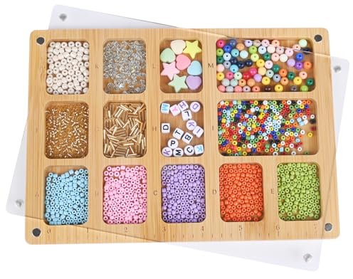 Favonuovy Seed Beads Sorting Tray with Magnetic Acrylic Lid and Elastic Band Bead Boards for Jewelry Bracelet Making Wooden Beading Mat Engraved with 7in Ruler, 13 Compartments and Letter A-M
