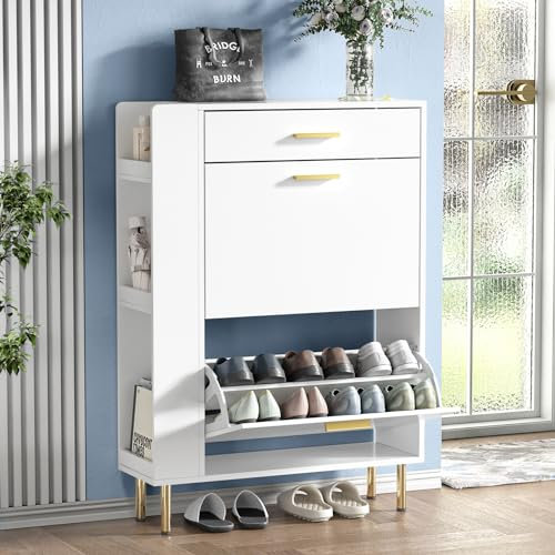 Yvsevnr Schuhschrank mit 2 Klappen, 2 Schubladen, Weiss Schuhschrank Schmal, Schuhkipper für 12-16 Paar Schuhe, Schuhkommode für Eingangsbereich, Flur 75 x 24 x 105 cm