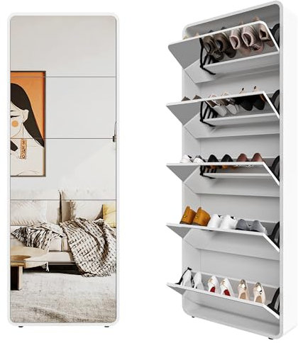 Organizedlife Spiegel-Schuhschrank mit 5 Flip-Schubladentüren, freistehender Schuhregal, schmaler Schuh-Organizer-Schrank für den Eingangsbereich