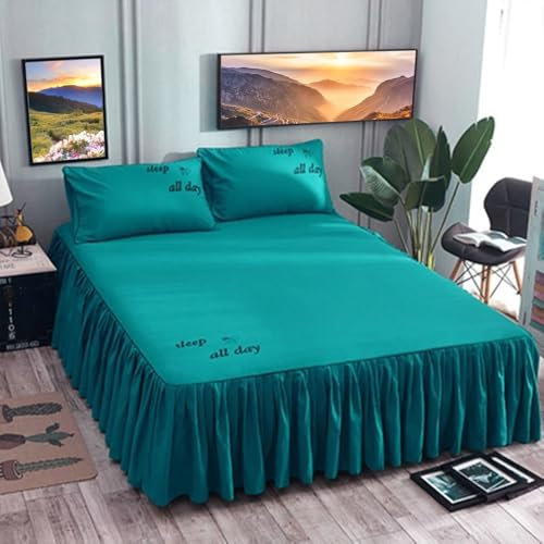 Epinki Bett Volant 150x200cm Fest, Kräuseln Bettrock Rüschen Einfarbig Pfauengrün Textilien Klassische, Polyester Betttuch für Boxspringbett & Wasserbett