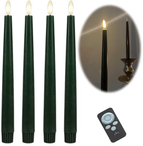 LS-LebenStil LED 3D Stabkerzen 4´er Set Grün Winter-Grün Winter-Grün 26cm Echtwachs mit Dimmer Timer Fernbedienung flackernde flammenlose Kerze Tafelkerze Spitzkerze