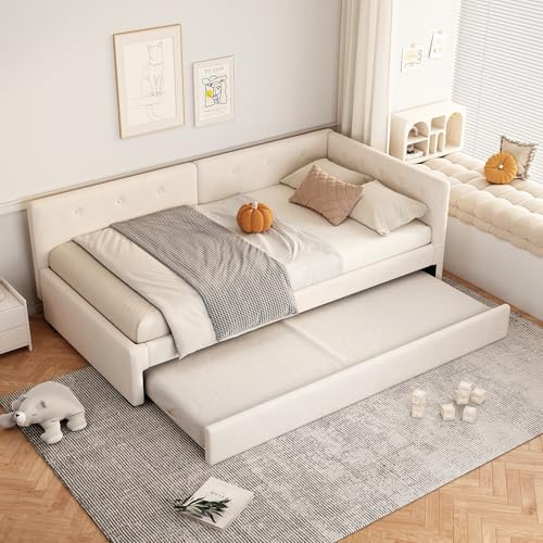 NovaFurnish Daybett 90x200cm, Tagesbett mit Rollbett, Schlafsofa, Einzelbett (Ohne Matratze), Minimalistisches Styling (Beige)