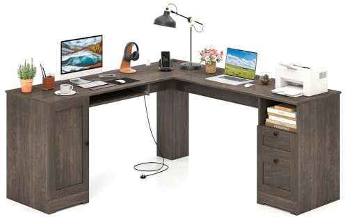 COSTWAY Schreibtisch L-Form, Eckschreibtisch mit Ladestation, Tastaturablage, Schrank und 2 Schubladen, Ecktisch, Computertisch, Bürotisch für Zuhause oder Büro, 168 x 168 x 76 cm (Schwarz) (Grau)
