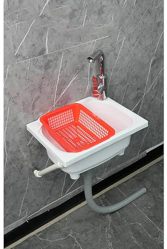 Lavabo de Pared de Resina, Fregadero de Jardin Exterior, Fregadero de Camping para Cocina Restaurante Lavandería Garaje Jardín Camping 38.5x28.5x18 cm Blanco F Grifo Mezclador de Agua Fría y Caliente