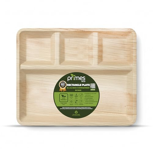 PRIMES ECO 12 x 9.5 inch 4-Compartment Palm Leaf Bamboo Disposable Plates | Large, Eco Friendly, Heavy Duty | Biodegradable Party Tableware for BBQ, Catering, Wedding & Picnic