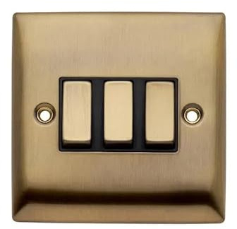 Britelite Triple Light Switch, 3 Gang 2 Way, Antique Brass