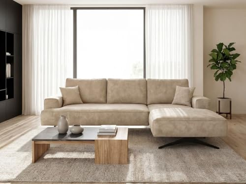 GRAINGOLD Leto Ecksofa 260x165 cm, L-Form Sofa, Ecksofa für Wohnzimmer, Velours-Stoff, 3-Sitzer Eckcouch, Modernes Design (Beige, Rechts)