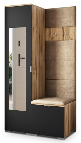 Masseno Flugarderoben Set VIRA, Kleiderschrank-Set mit Spiegel und Sitzbank, Garderobenschrank Flur mit 3 Regalböden, Eiche Wotan/Schwarz