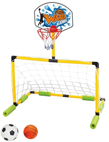 Hotainoys Canestro da Basket Galleggiante per Piscina, Porta da Calcio 2 in 1 ＆ Canestro da Basket per Piscina, Porta Staccabile con 2 Palline per Bambini e Adulti