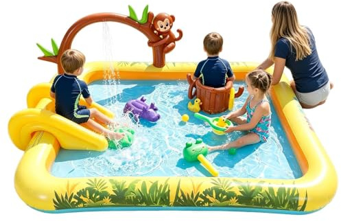 Piscina Infantil con Tobogán Colchoneta divertida con animales de la jungla