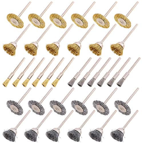 Swpeet 72Pcs Wire Wheel Brushes Kit, Including Brass and Steel Wire Brush Set 1/8 (3mm) Shank for Dremel Accessories Rotary Tools Polish Clean Tools