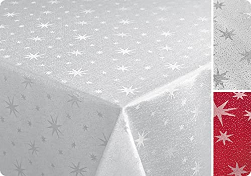 Lurex Sterne Tischdecke, Silber glänzend, Weihnachtstischdecke Größe und Farbe wählbar (Oval 150x220 cm, Weiss-Silber)