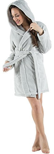 CelinaTex Korfu Damen Bademantel mit Kapuze XL grau Sherpa Fleece Morgenmantel kurz Saunamantel